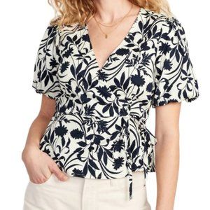Old Navy Cream and Black Puff-Sleeve Tie-Wrap Blouse Size Large NWT